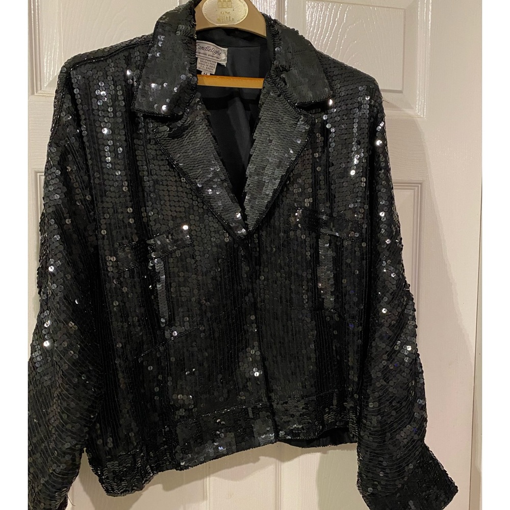 Candlelight brand black silk & sequin evening jacket size medium